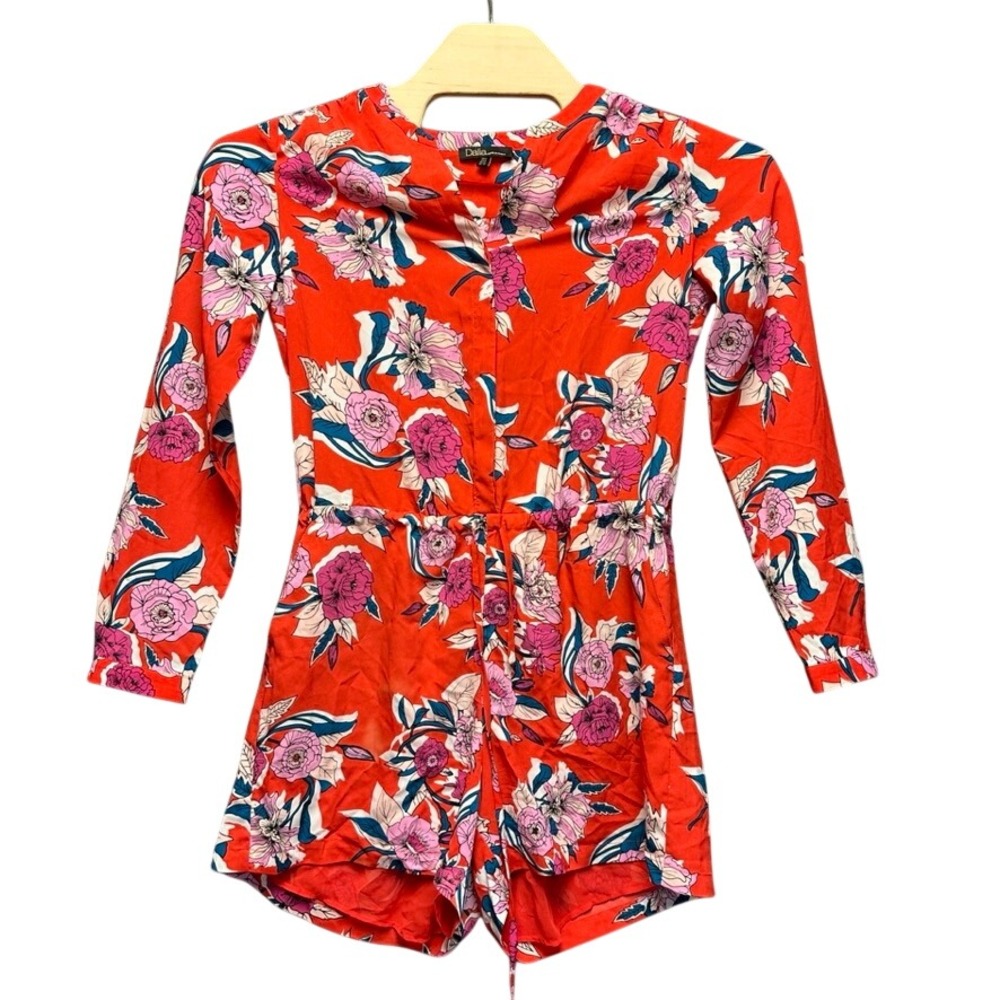 Dalia Red Floral Long Sleeve Romper Button Front Drawstring Waist Size 6 MD3749L